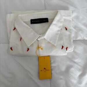 Etro White Men's Polo Red Chili Pepper Design Shirt Made in Italy Size 2XL New